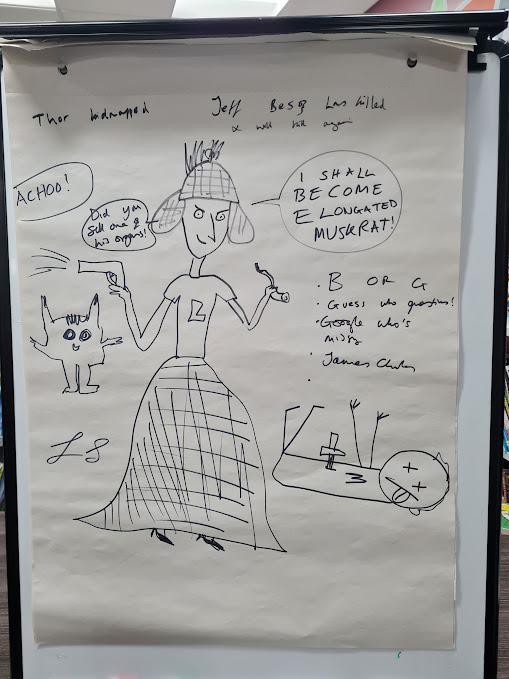 A doodle of Loki as a detective with the corpse of Elon musk at his feet. He's promising to become elongated muskrat to take over Elon's identity. We also see a badly-drawn pikachu, Loki firing a pepper gun making someone sneeze.